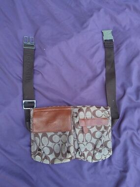 Coach Brown Signature Canvas Belt Bag with Leather Trim